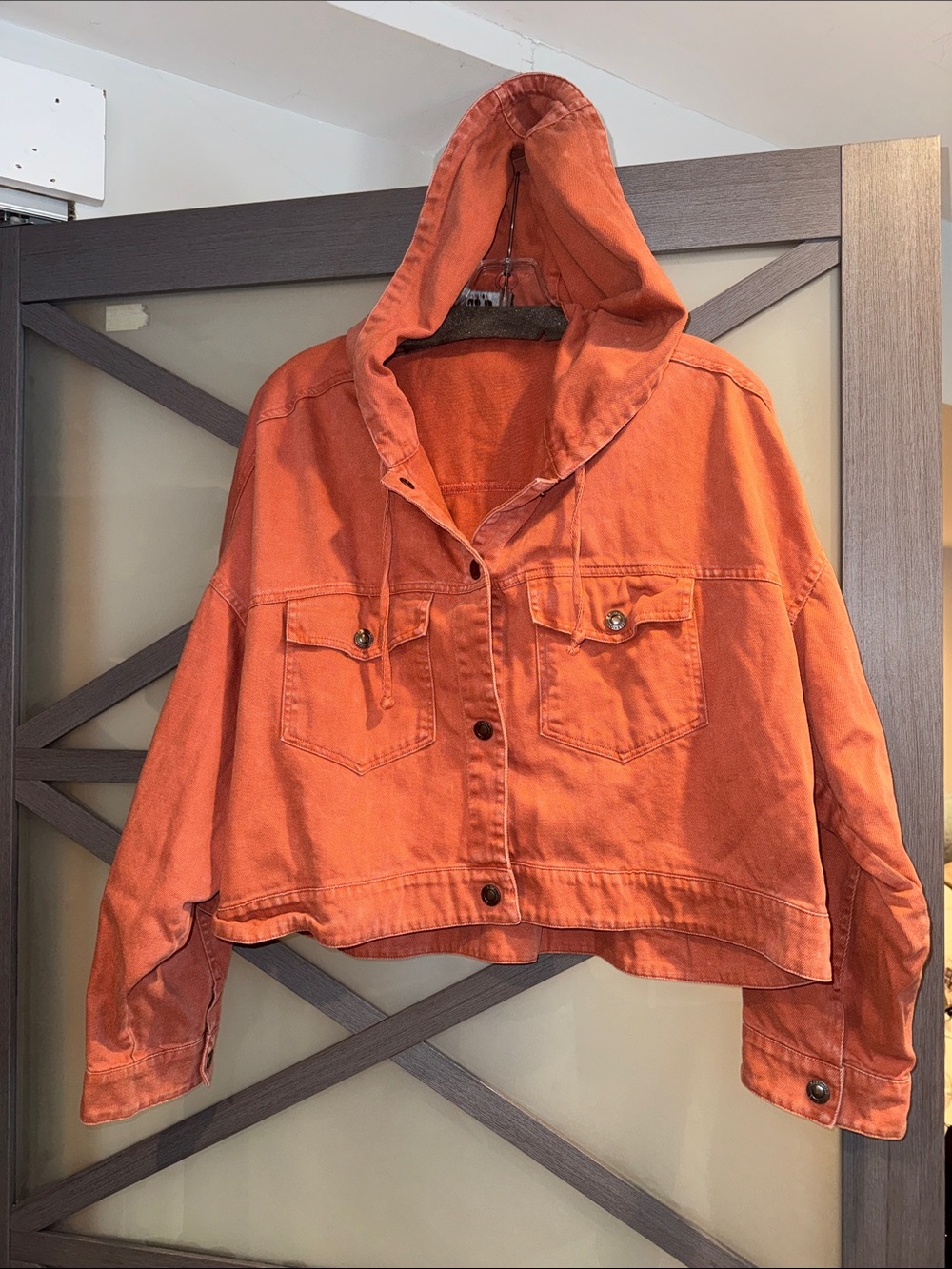 blue b Cropped Hooded Jean Jacket in Faded Orange
